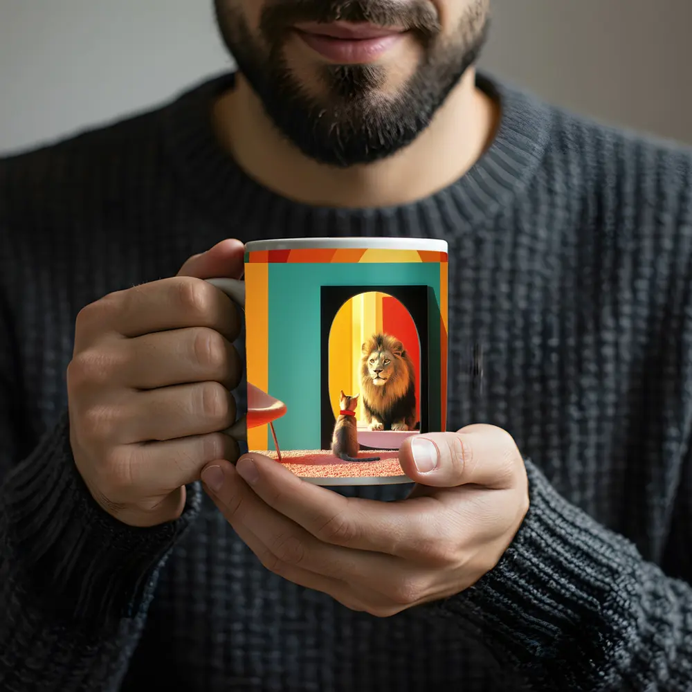 Cat Facing Lion Mirror Colorful Interior – Mugs