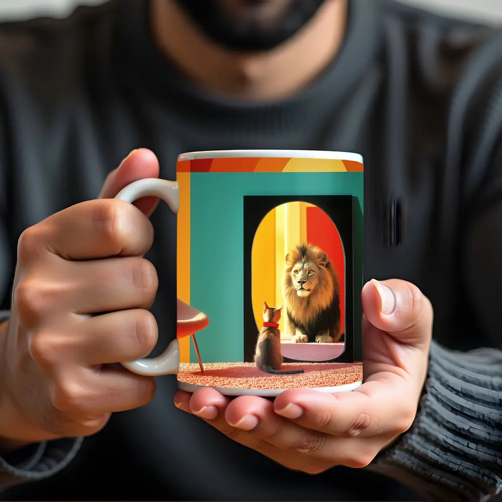 Cat Facing Lion Mirror Colorful Interior – Mugs