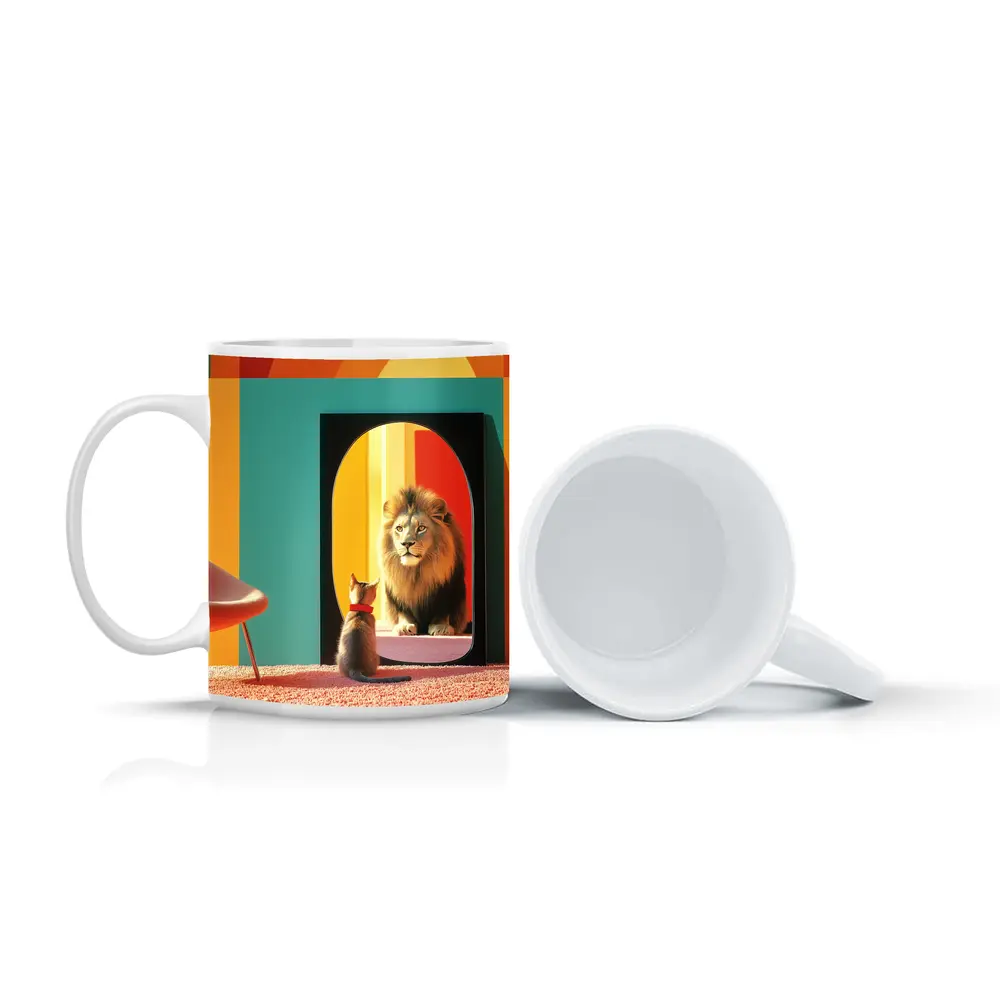 Cat Facing Lion Mirror Colorful Interior – Mugs