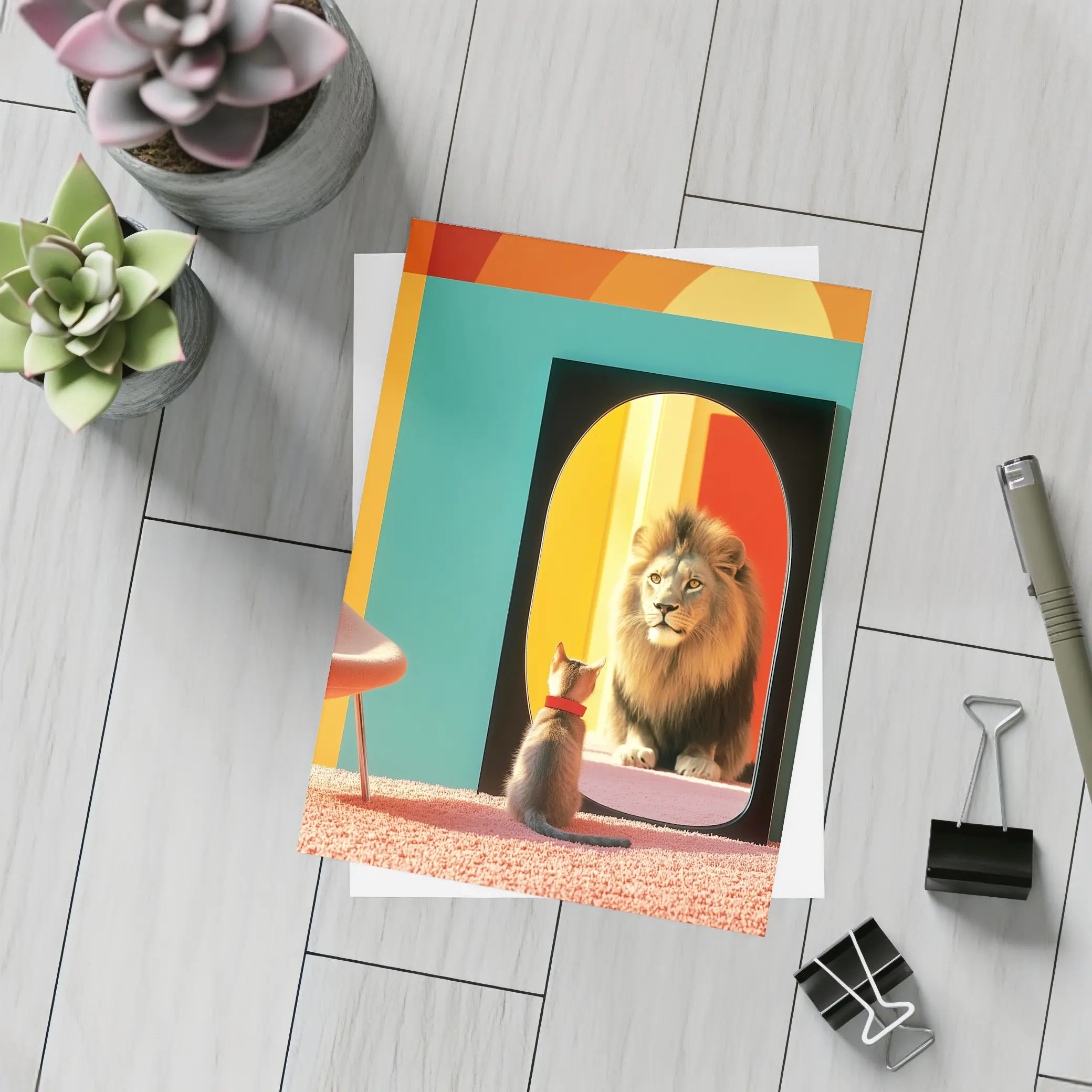 Cat Facing Lion Mirror Colorful Interior – Postcards