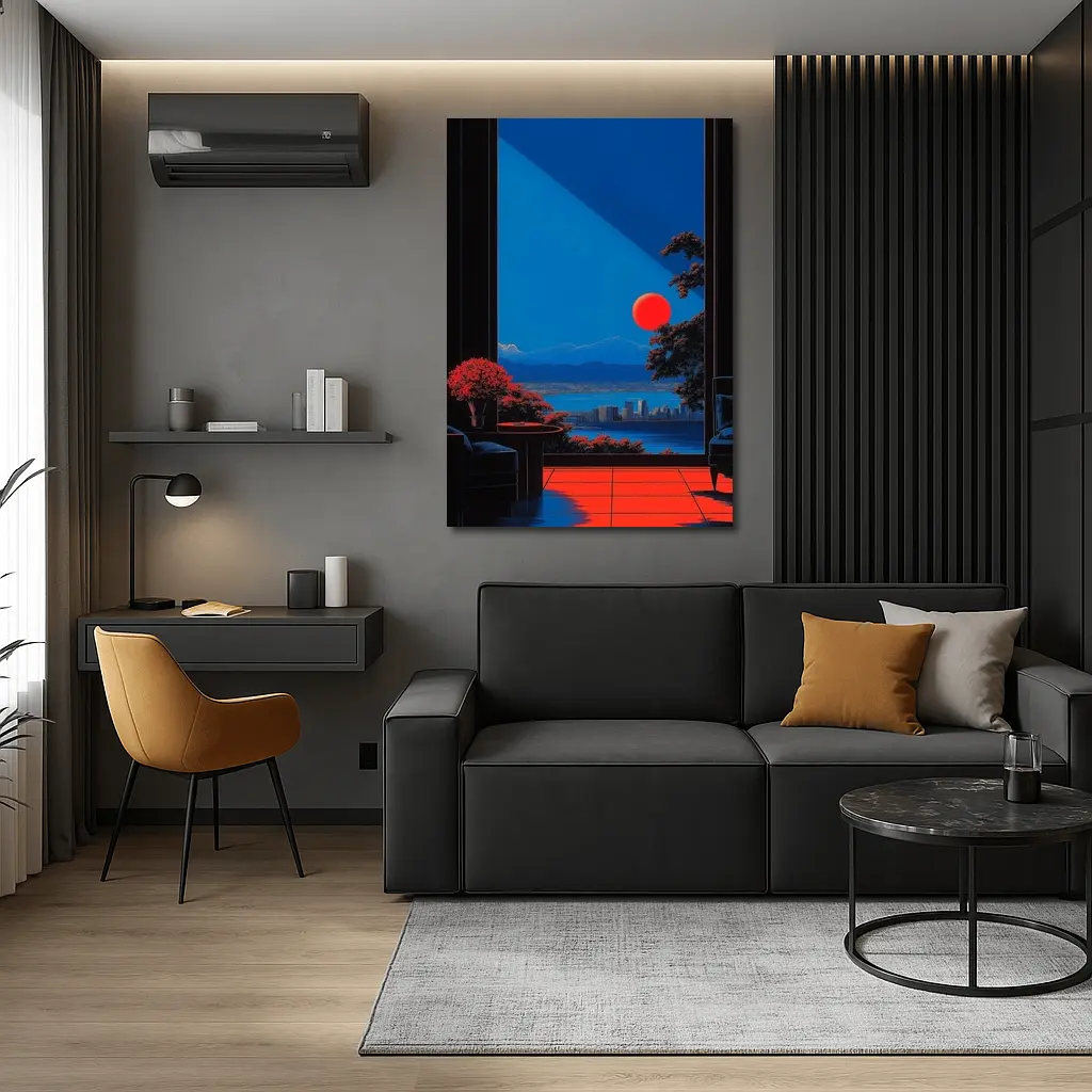 Red Moon City View Through Dark Window – Wall Art