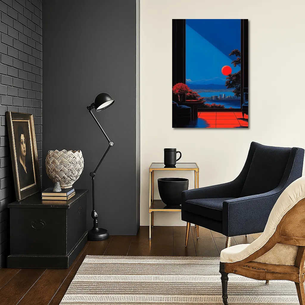 Red Moon City View Through Dark Window – Wall Art