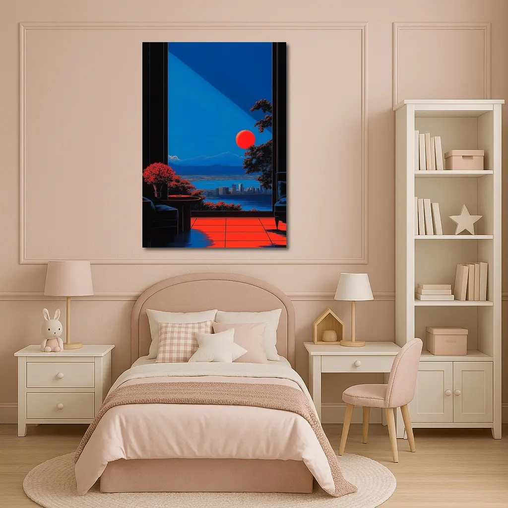 Red Moon City View Through Dark Window – Wall Art