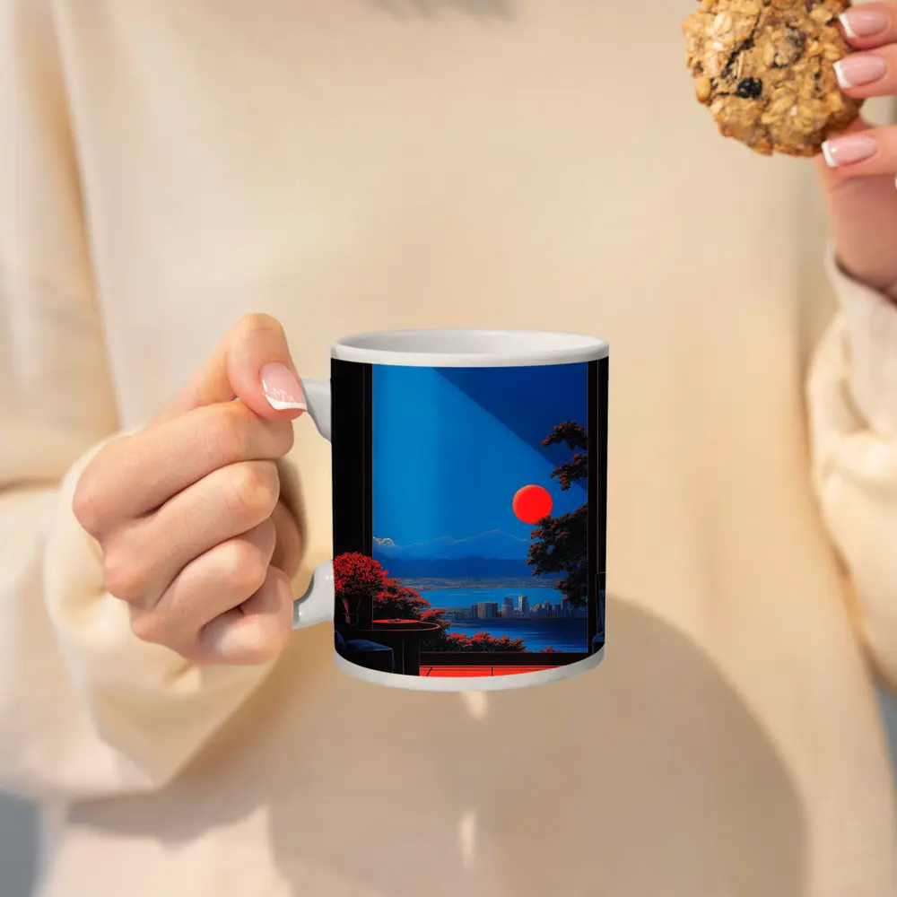 Red Moon City View Through Dark Window – Mugs