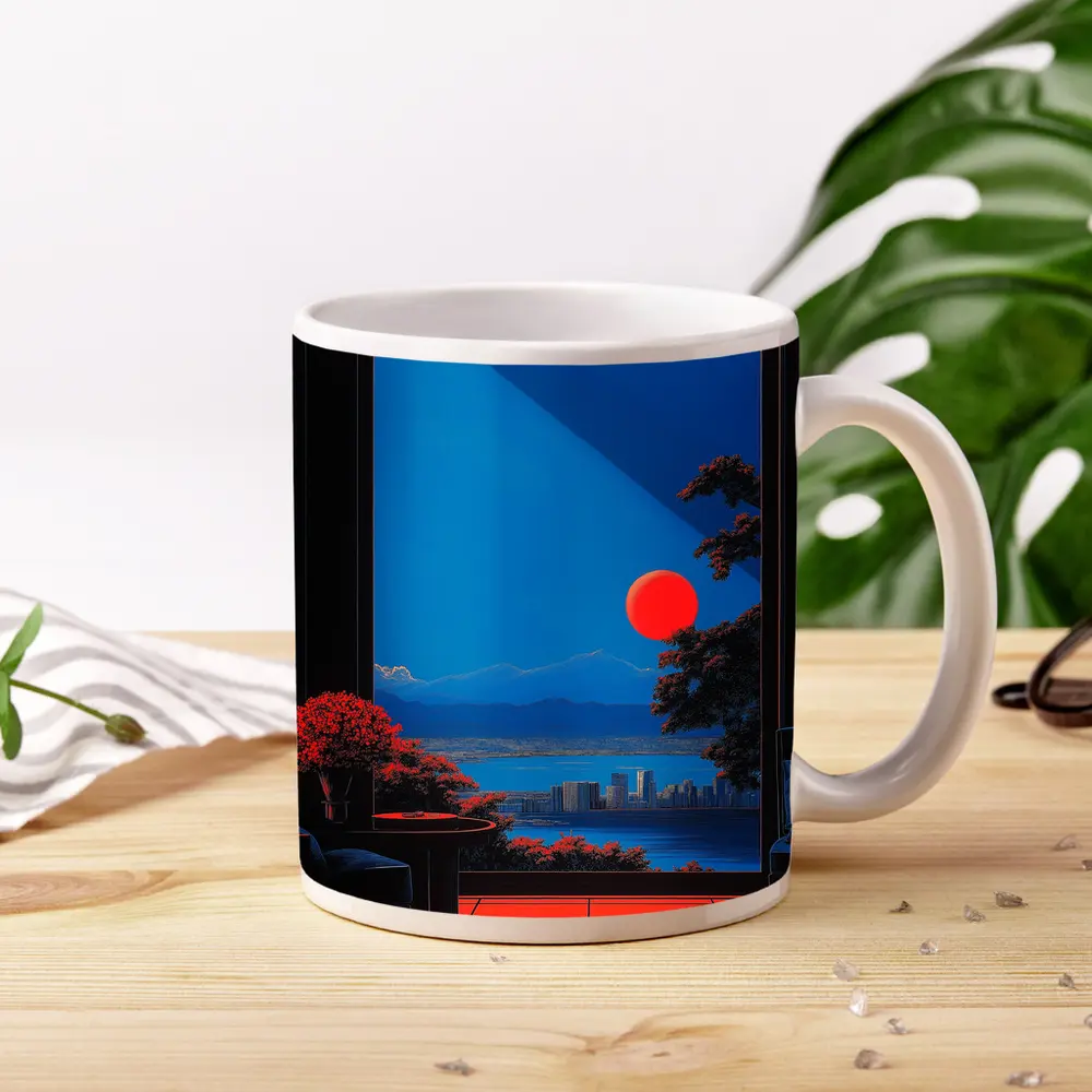 Red Moon City View Through Dark Window – Mugs