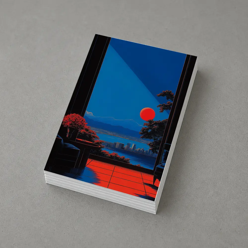 Red Moon City View Through Dark Window – Postcards