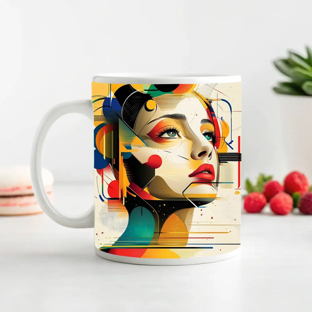 Abstract Woman Face Geometric Bauhaus Art – Mugs