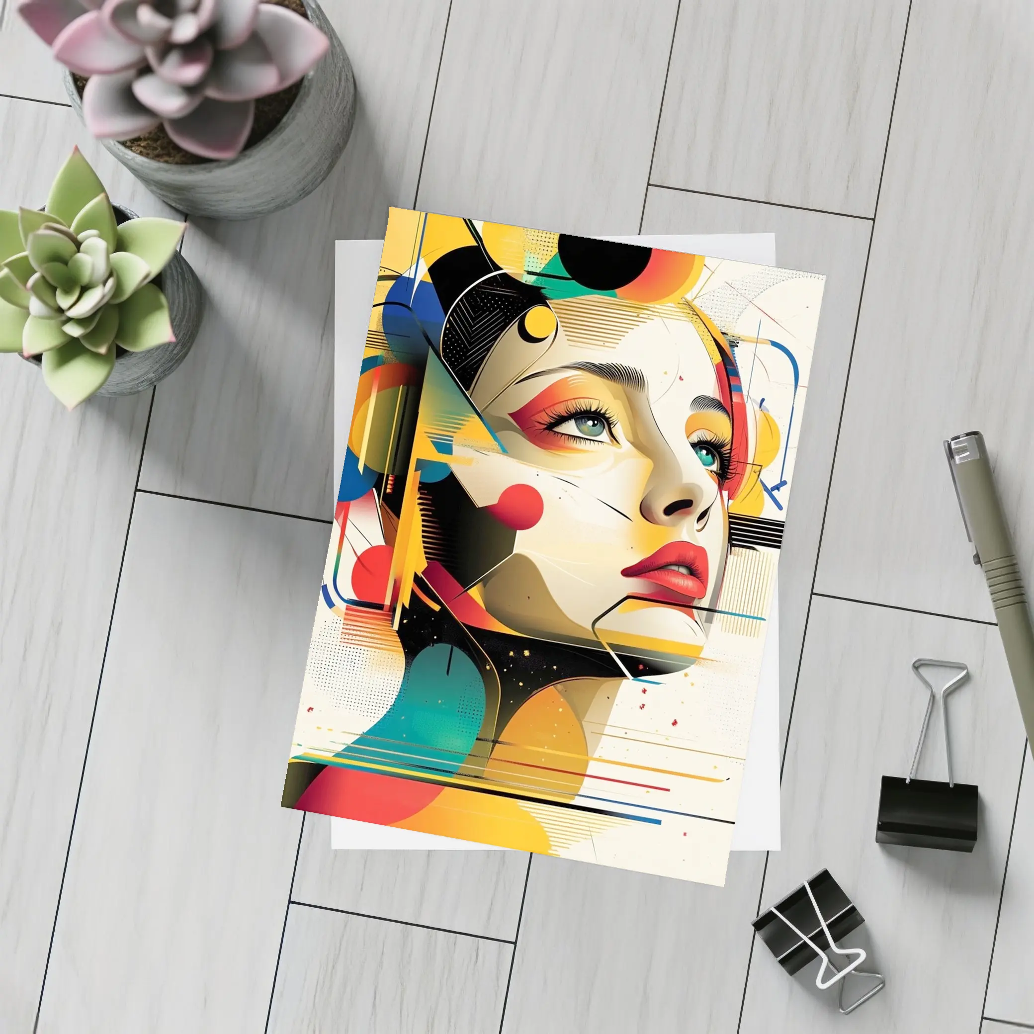 Abstract Woman Face Geometric Bauhaus Art – Postcards
