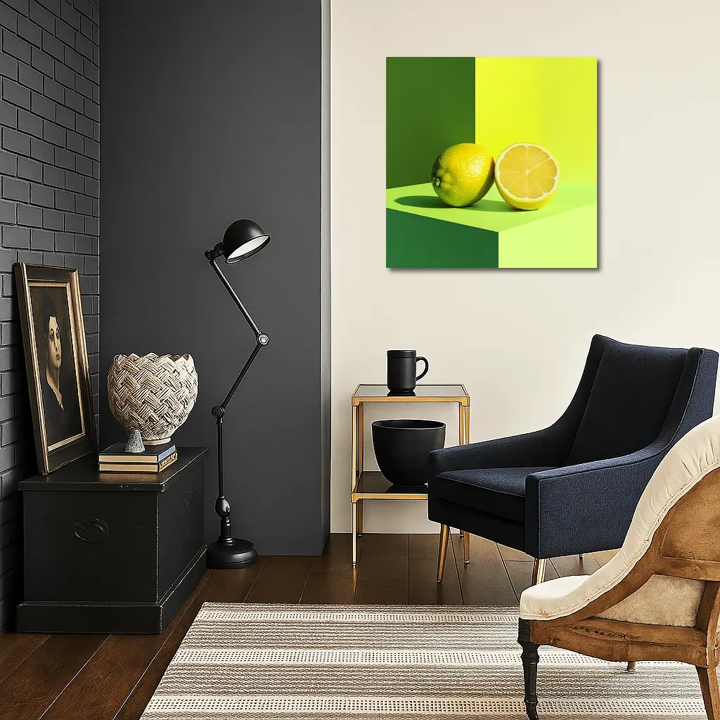 Fresh Lemon Halved On Green Background – Wall Art