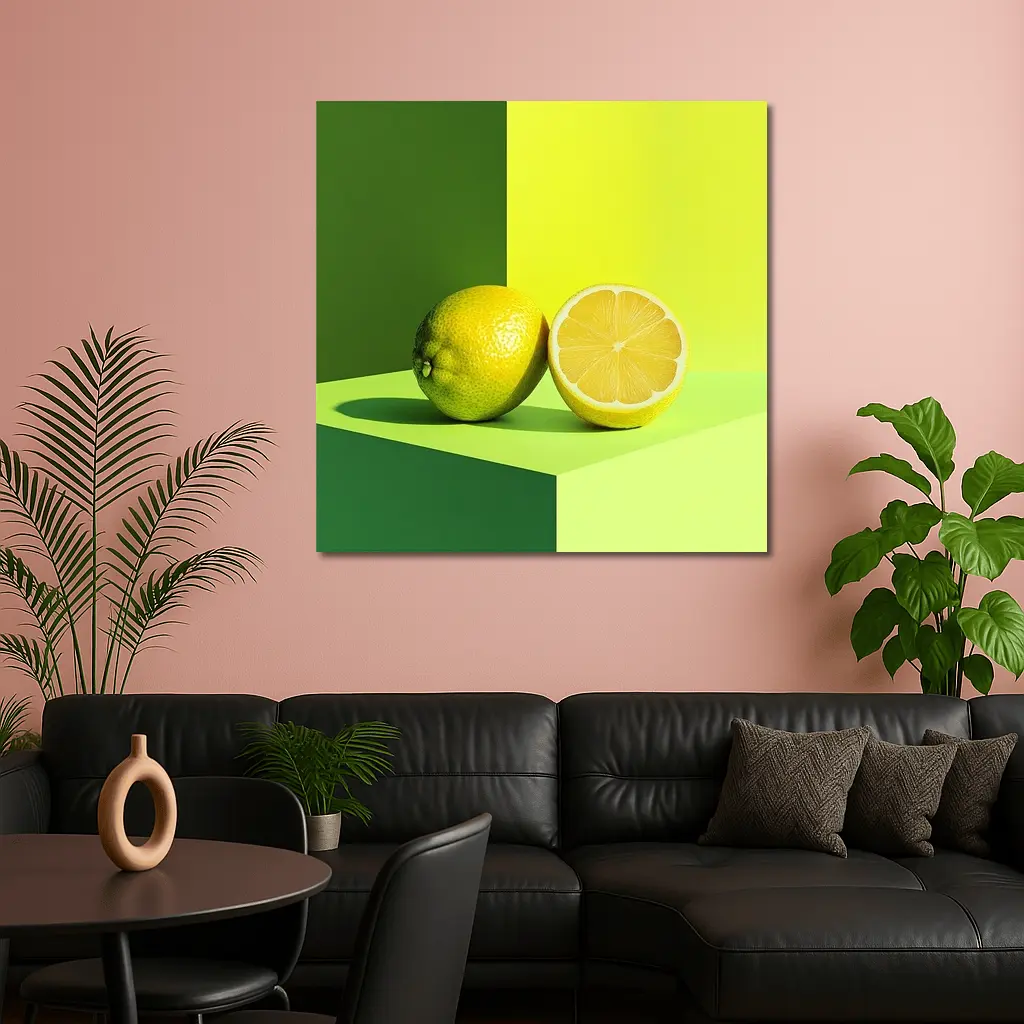 Fresh Lemon Halved On Green Background – Wall Art