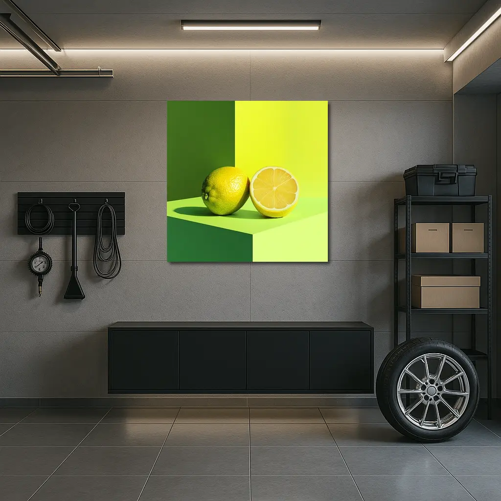 Fresh Lemon Halved On Green Background – Wall Art