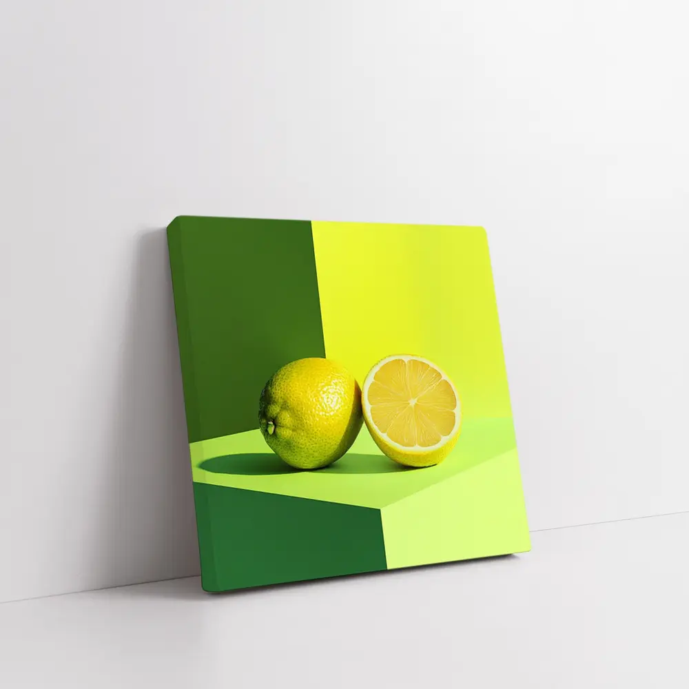 Fresh Lemon Halved On Green Background – Wall Art
