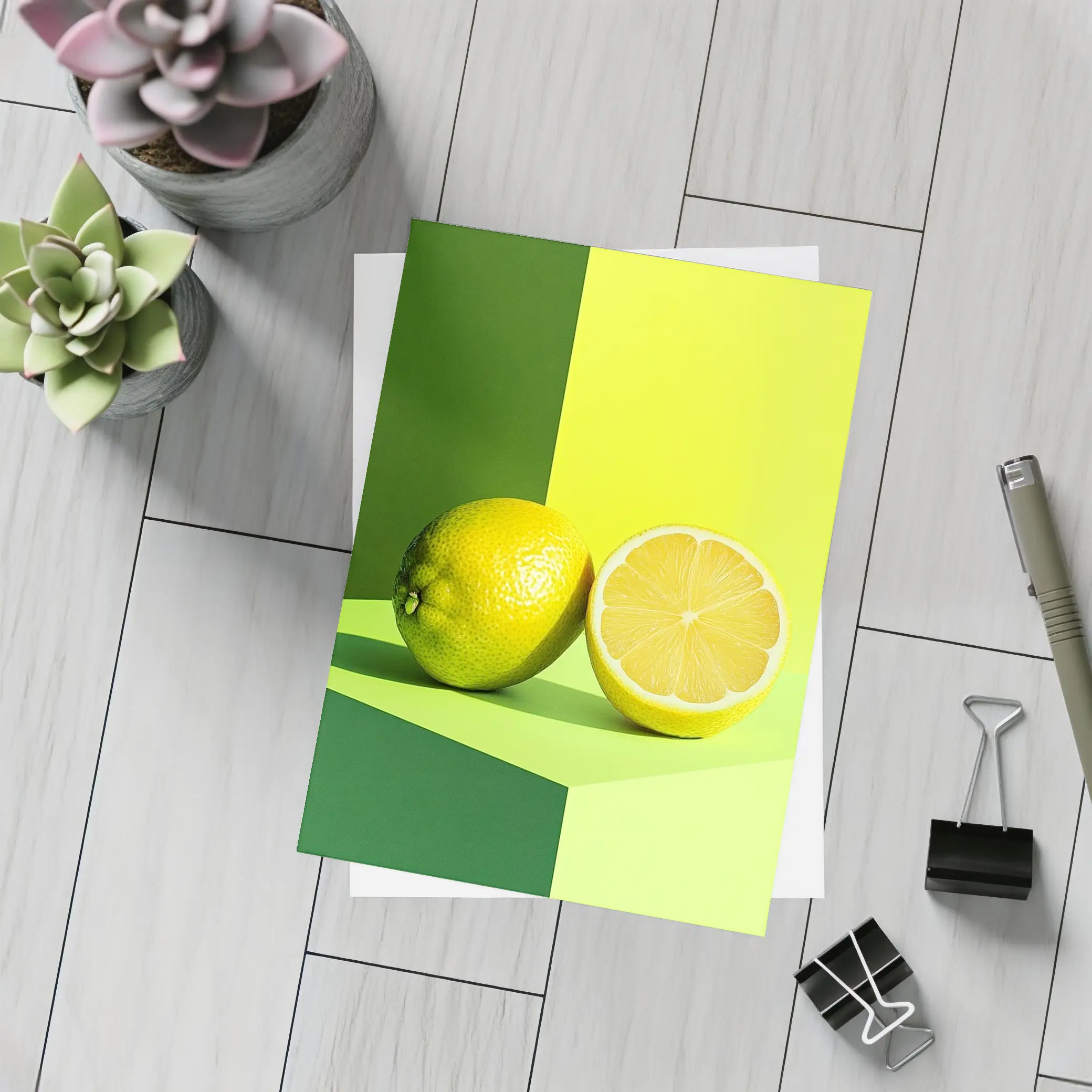 Fresh Lemon Halved On Green Background – Postcards