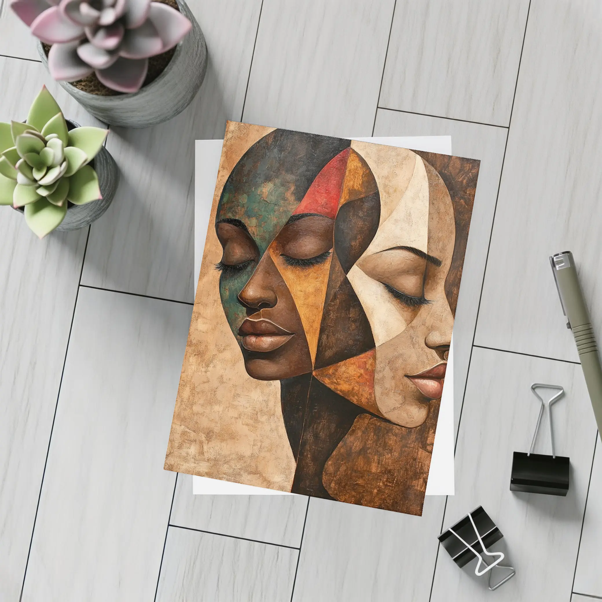 Two Women Faces Cubist Abstract Art – Postcards