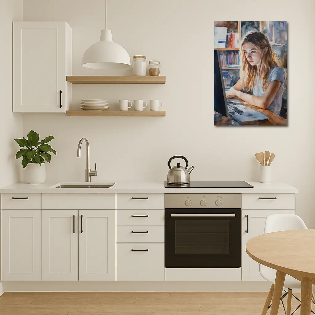 Girl at Computer Watercolor Study Bookshelf – Wall Art