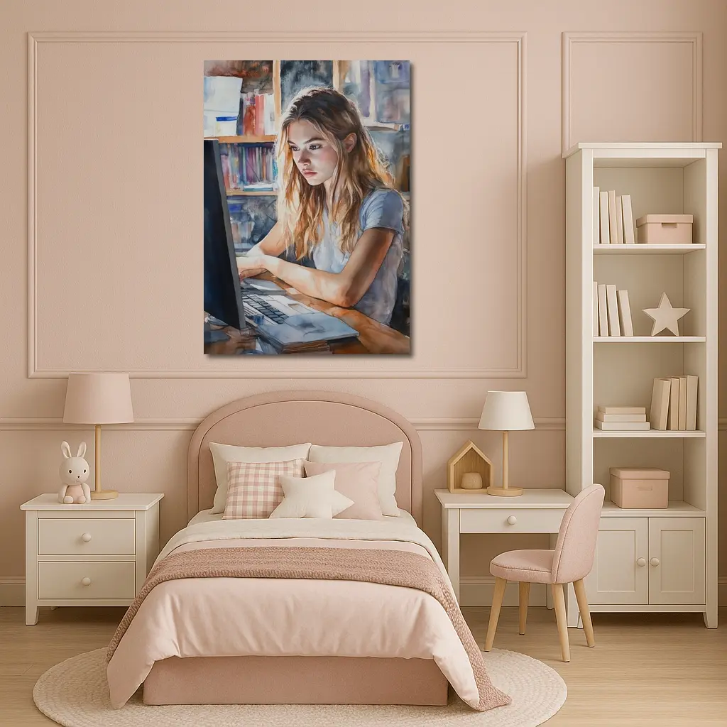 Girl at Computer Watercolor Study Bookshelf – Wall Art