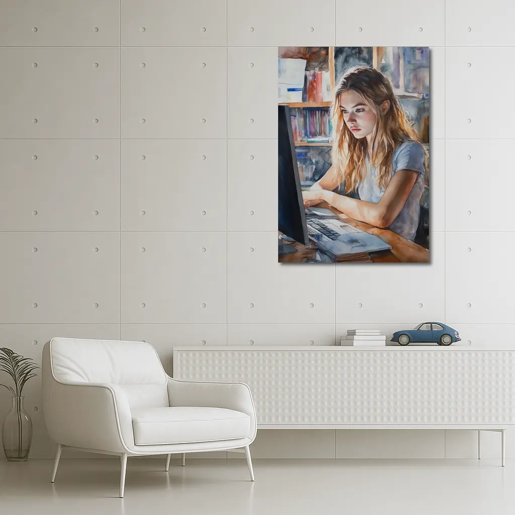 Girl at Computer Watercolor Study Bookshelf – Wall Art