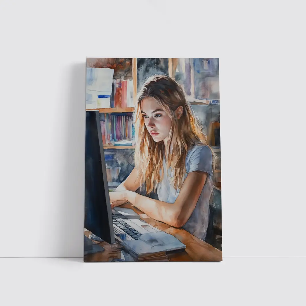 Girl at Computer Watercolor Study Bookshelf – Wall Art