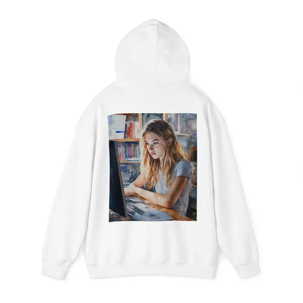 Girl at Computer Watercolor Study Bookshelf – Hoodies