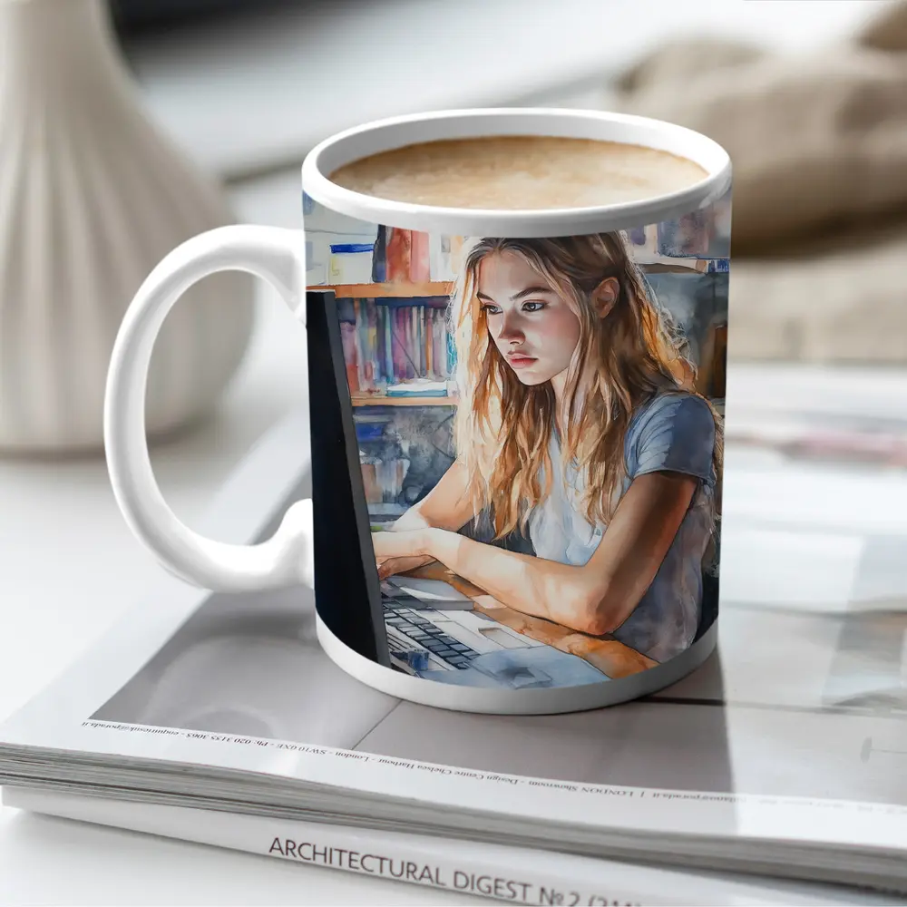 Girl at Computer Watercolor Study Bookshelf – Mugs