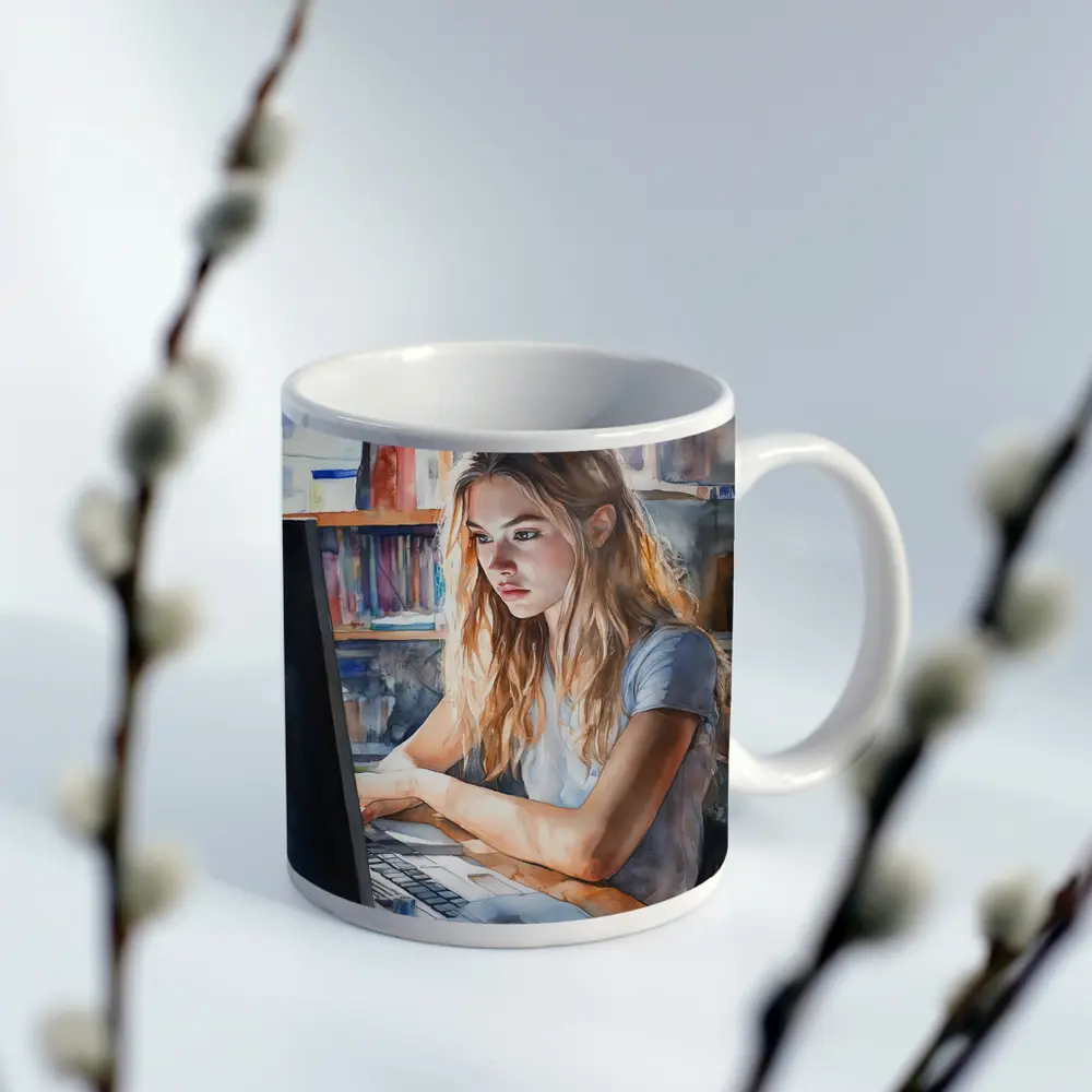 Girl at Computer Watercolor Study Bookshelf – Mugs