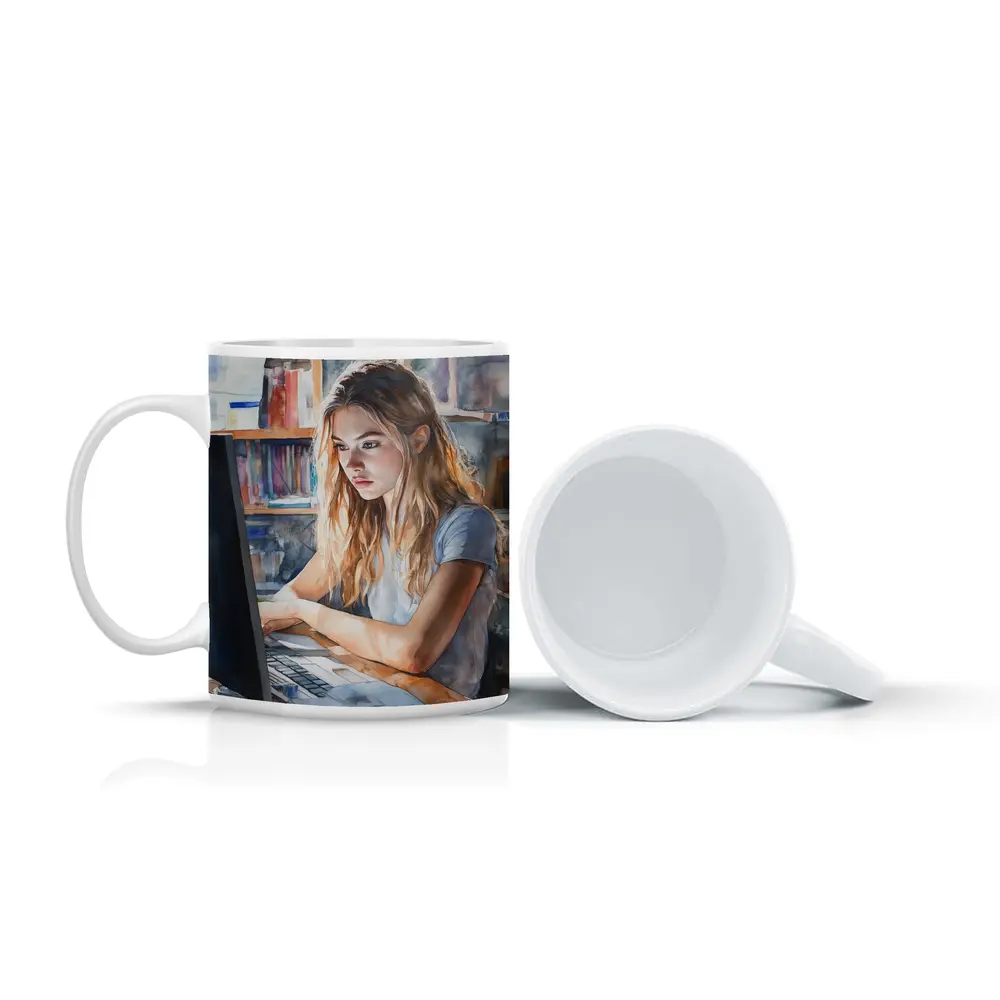 Girl at Computer Watercolor Study Bookshelf – Mugs
