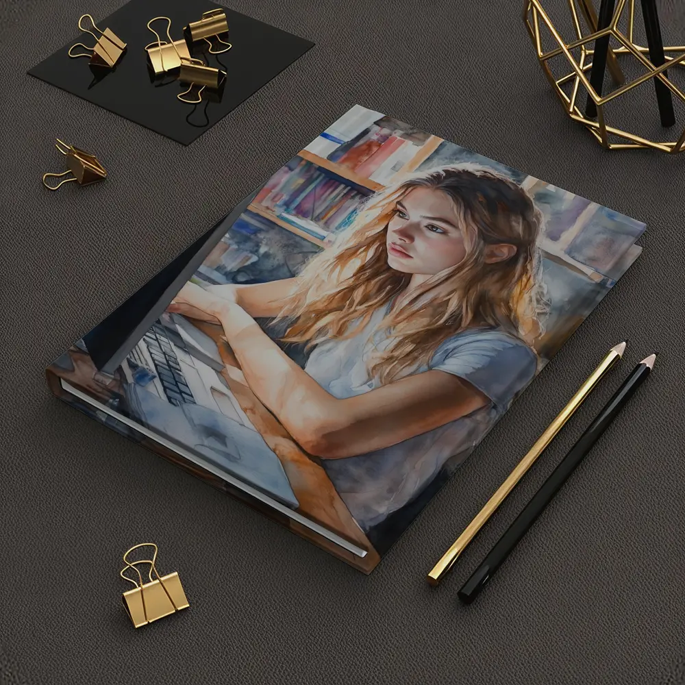 Girl at Computer Watercolor Study Bookshelf – Notebooks