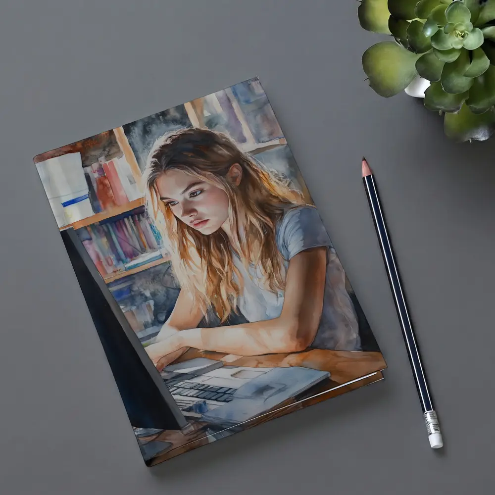 Girl at Computer Watercolor Study Bookshelf – Notebooks
