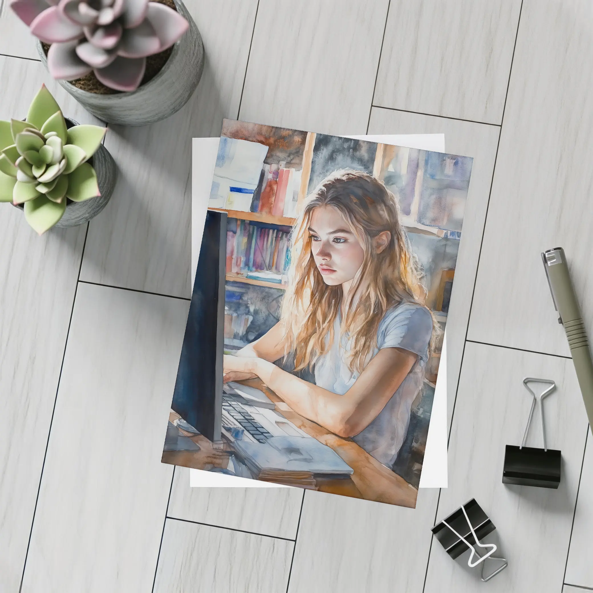 Girl at Computer Watercolor Study Bookshelf – Postcards