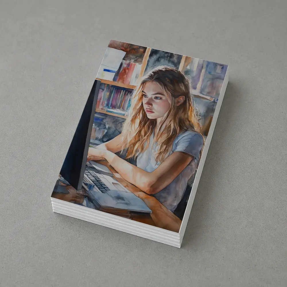 Girl at Computer Watercolor Study Bookshelf – Postcards