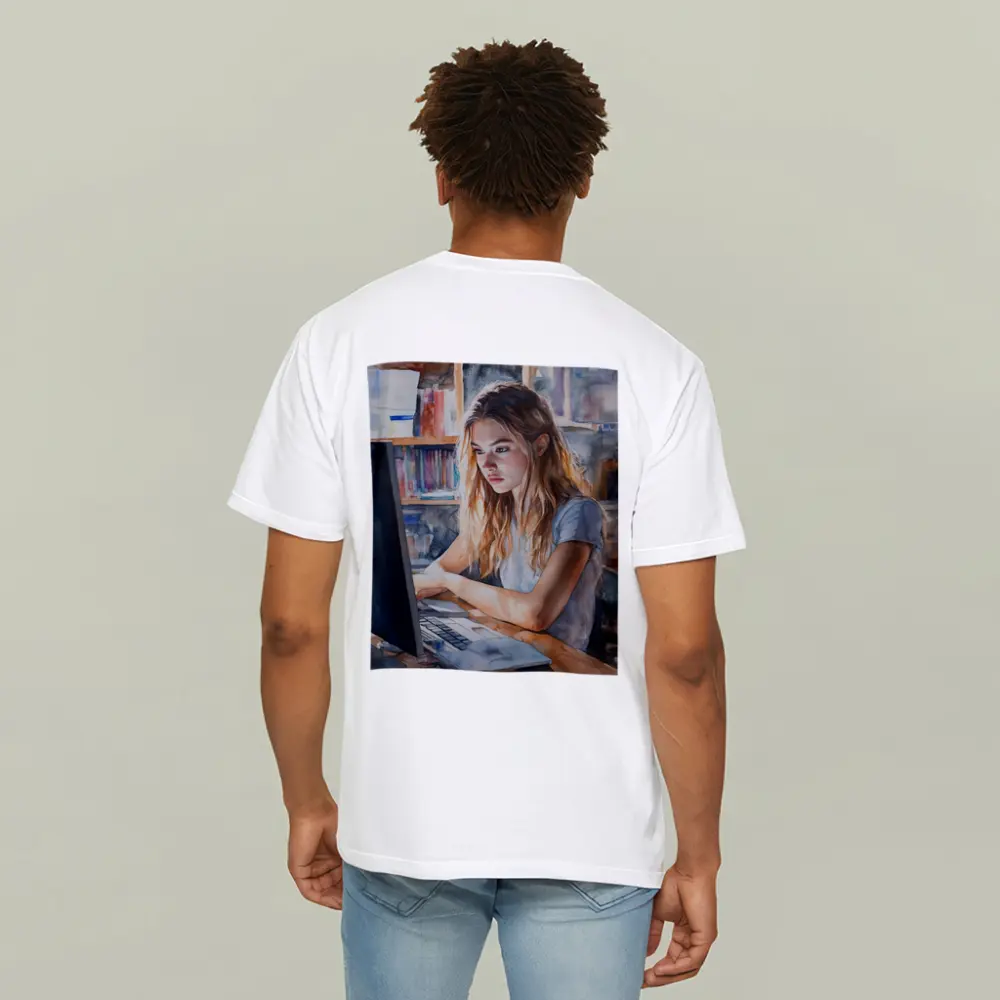 Girl at Computer Watercolor Study Bookshelf – T-Shirts