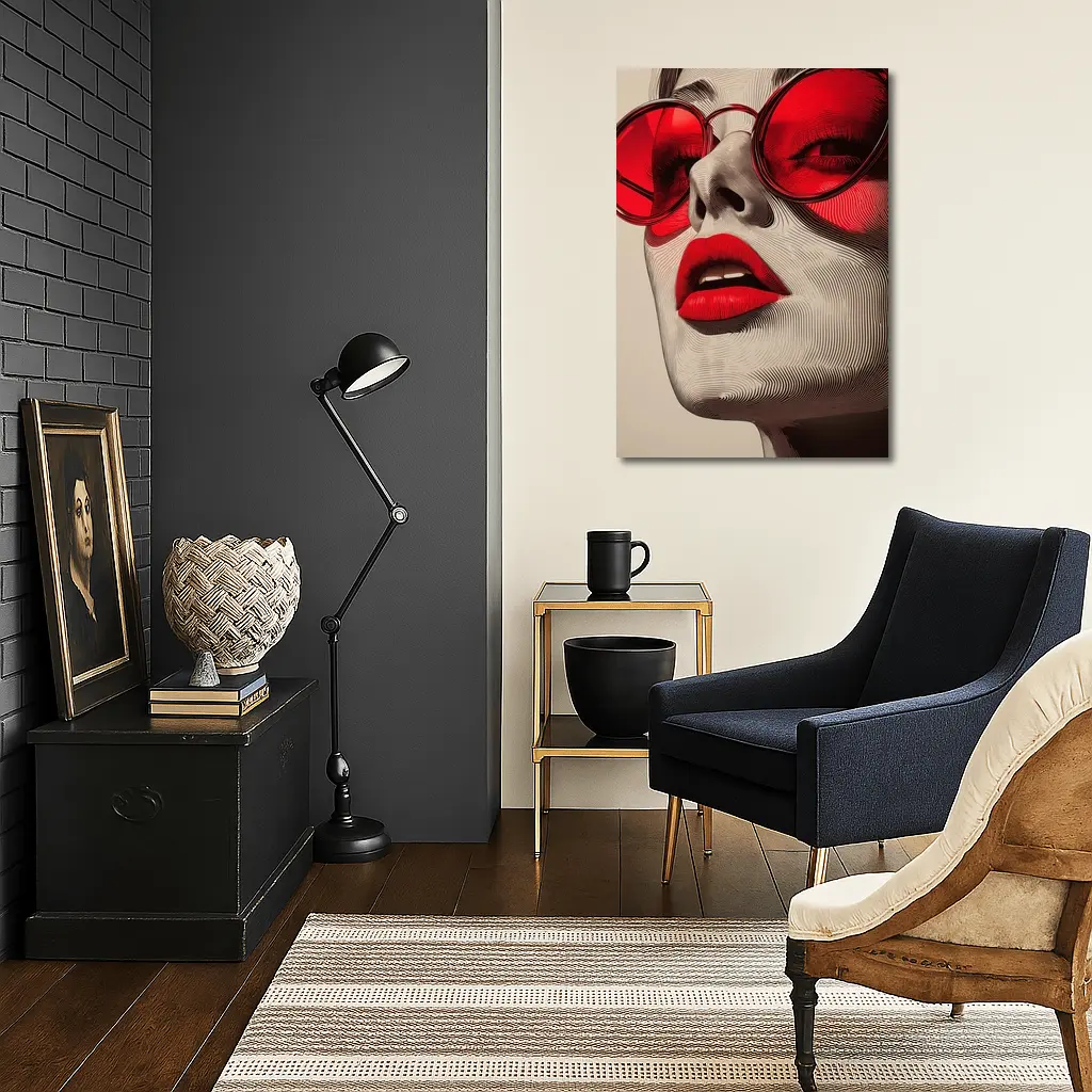 Woman Red Sunglasses Bold Lips Line Art – Wall Art