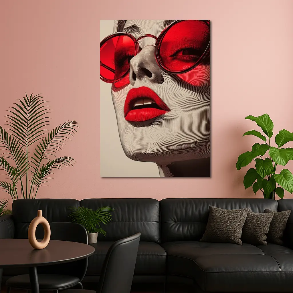 Woman Red Sunglasses Bold Lips Line Art – Wall Art