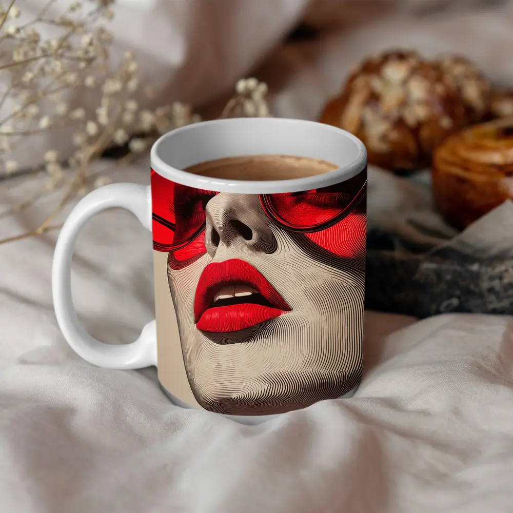 Woman Red Sunglasses Bold Lips Line Art – Mugs