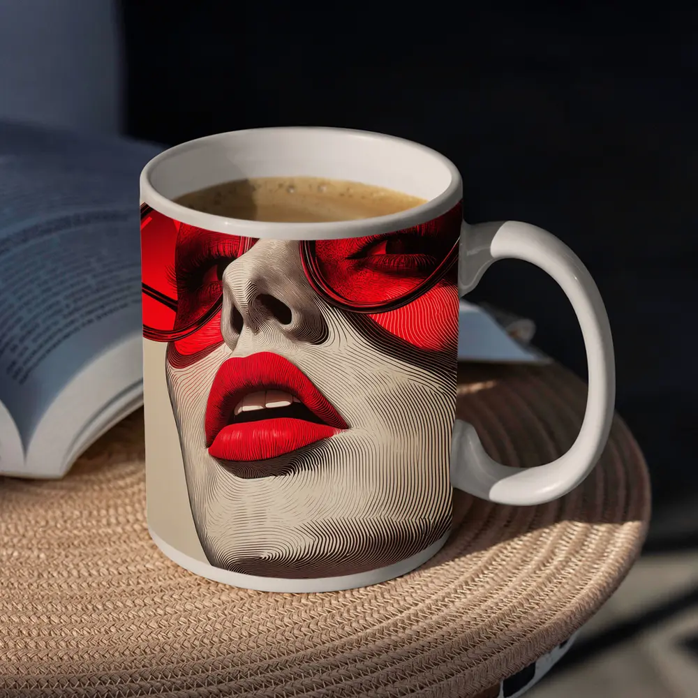 Woman Red Sunglasses Bold Lips Line Art – Mugs