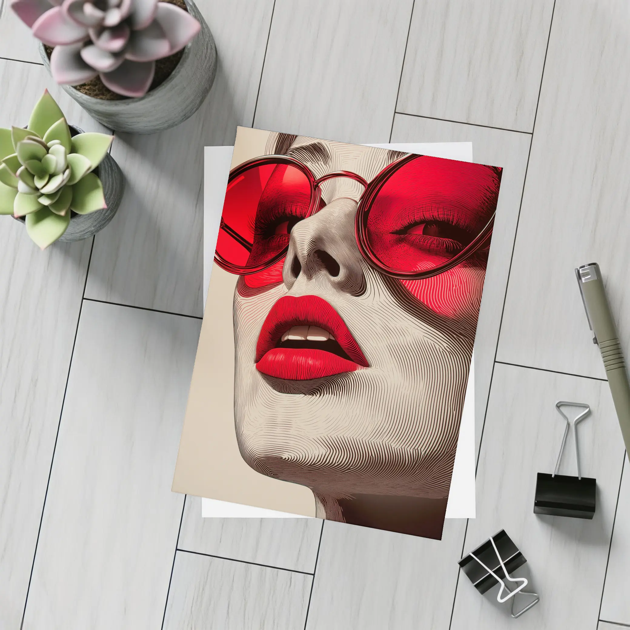 Woman Red Sunglasses Bold Lips Line Art – Postcards