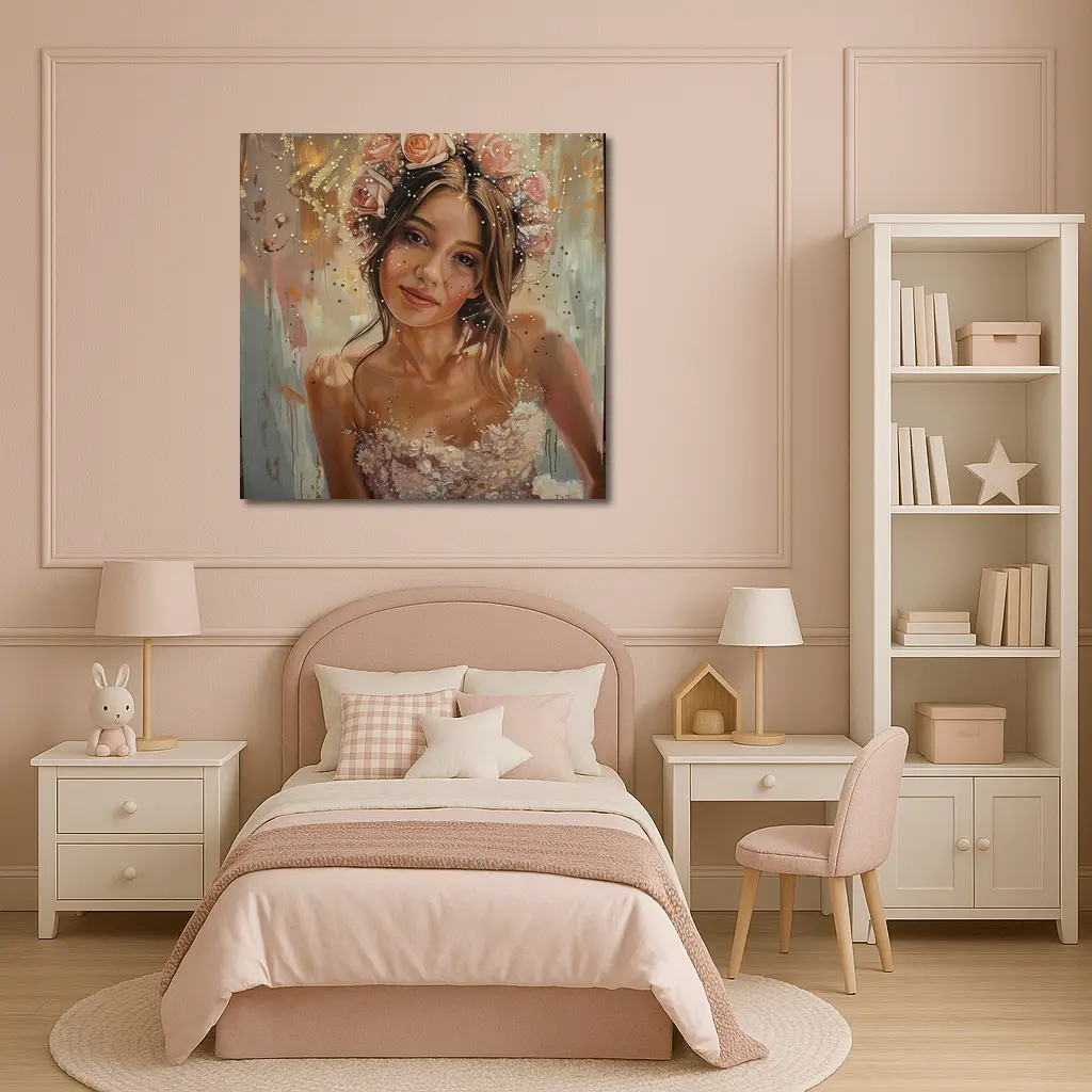 Young Woman Floral Crown Portrait Oil Painting – Wall Art