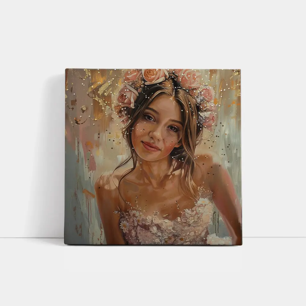 Young Woman Floral Crown Portrait Oil Painting – Wall Art
