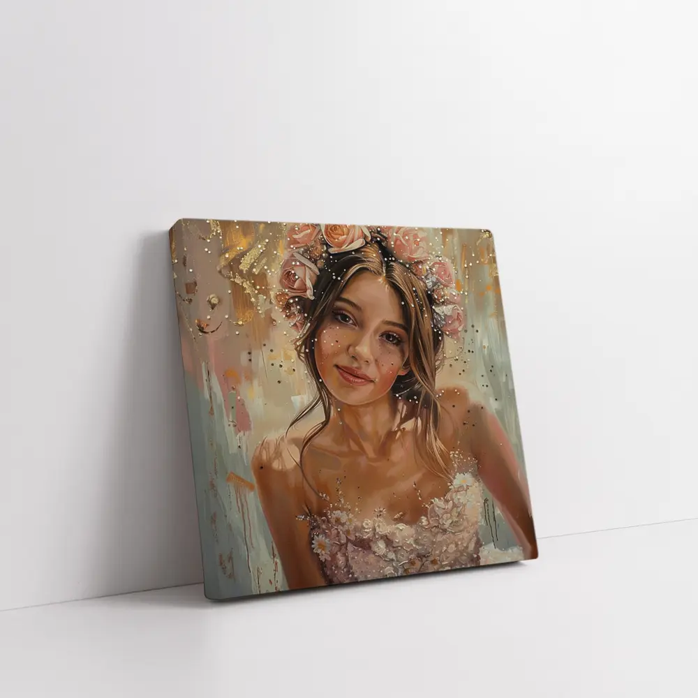 Young Woman Floral Crown Portrait Oil Painting – Wall Art