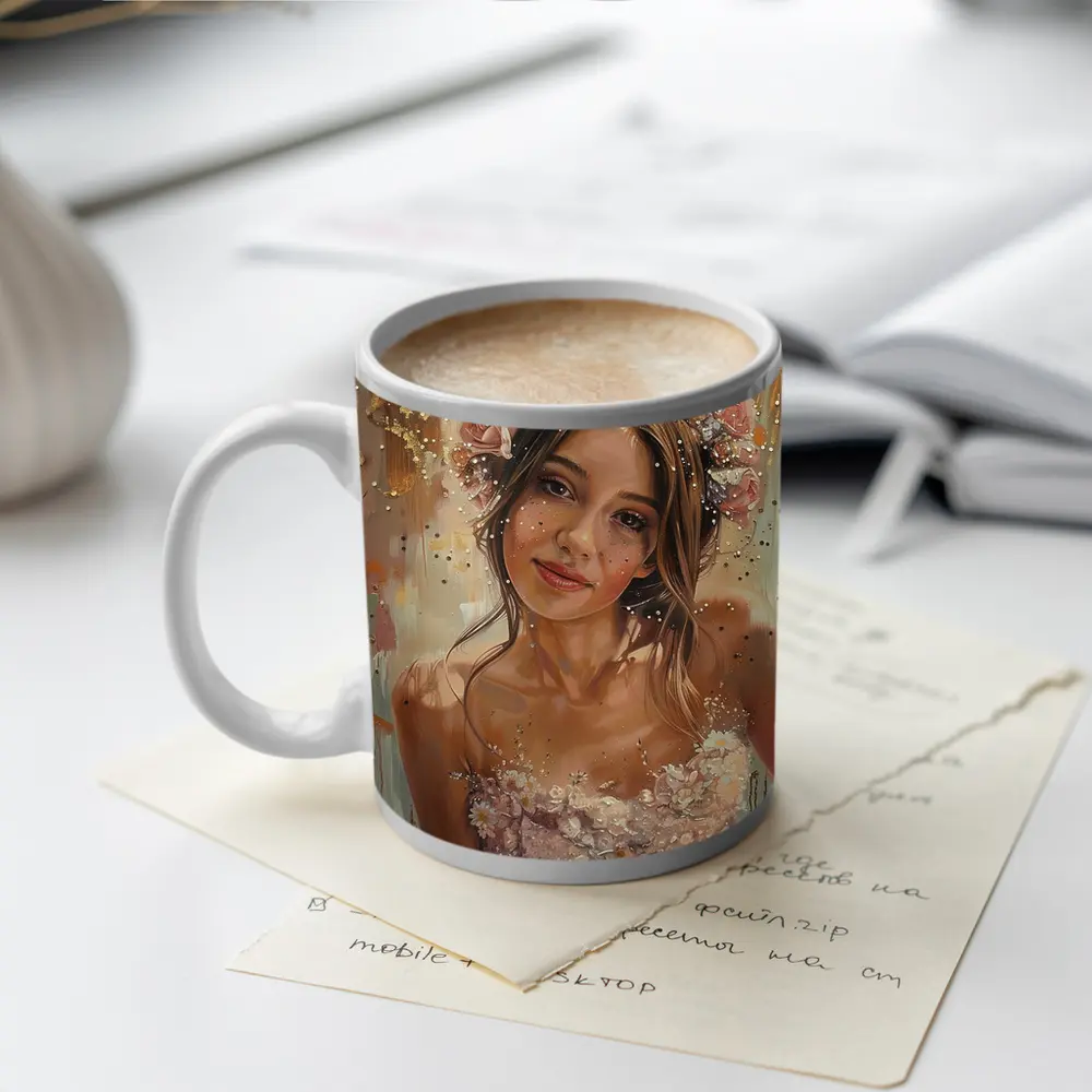 Young Woman Floral Crown Portrait Oil Painting – Mugs