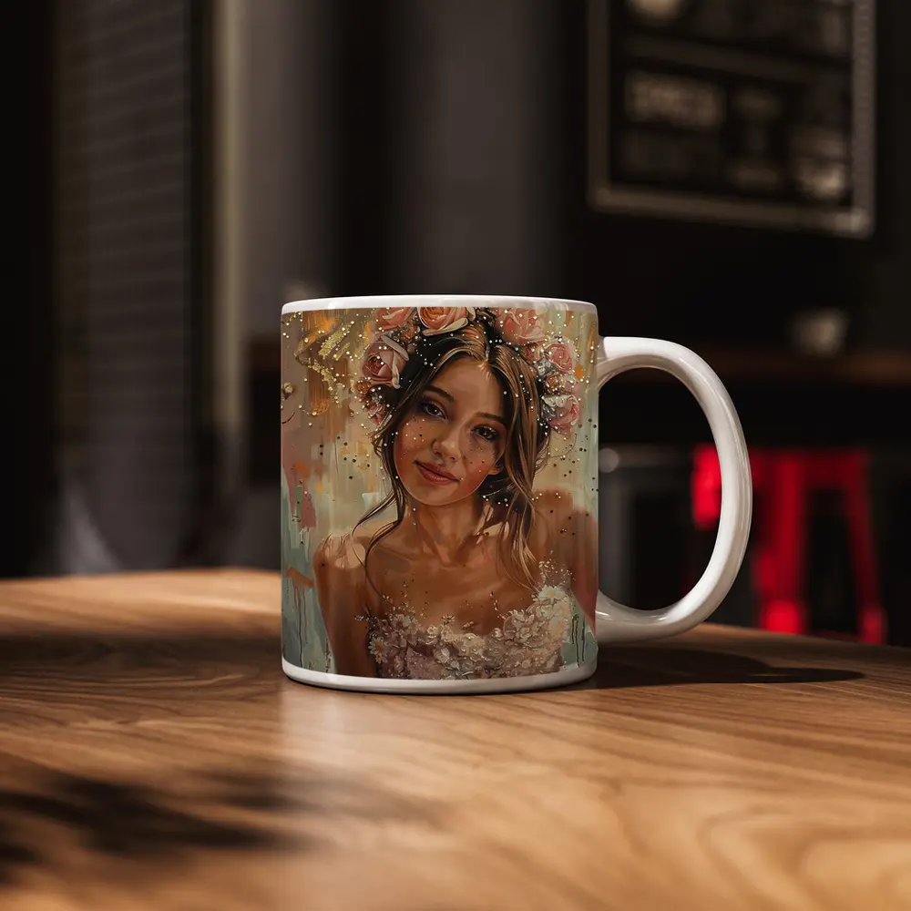 Young Woman Floral Crown Portrait Oil Painting – Mugs
