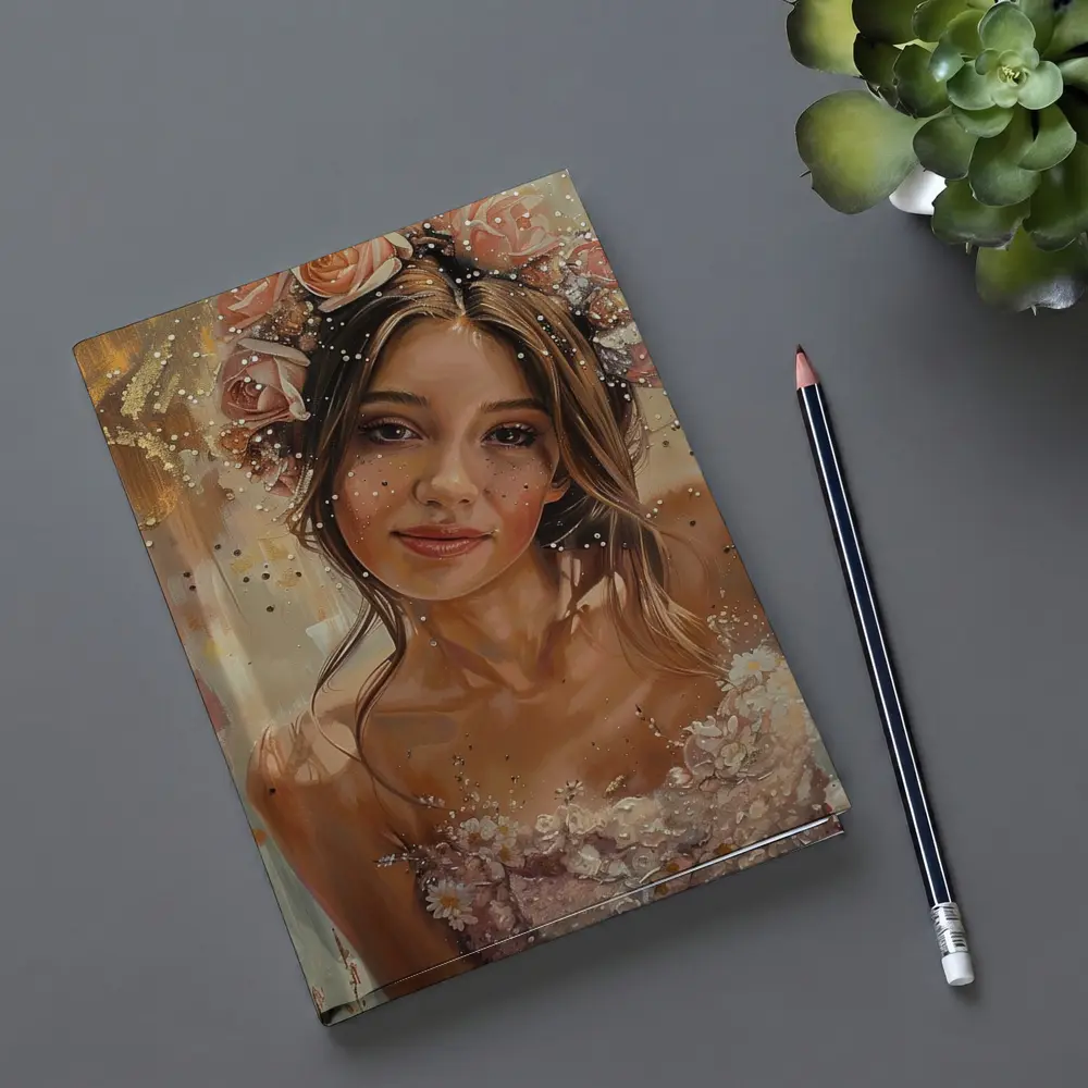 Young Woman Floral Crown Portrait Oil Painting – Notebooks