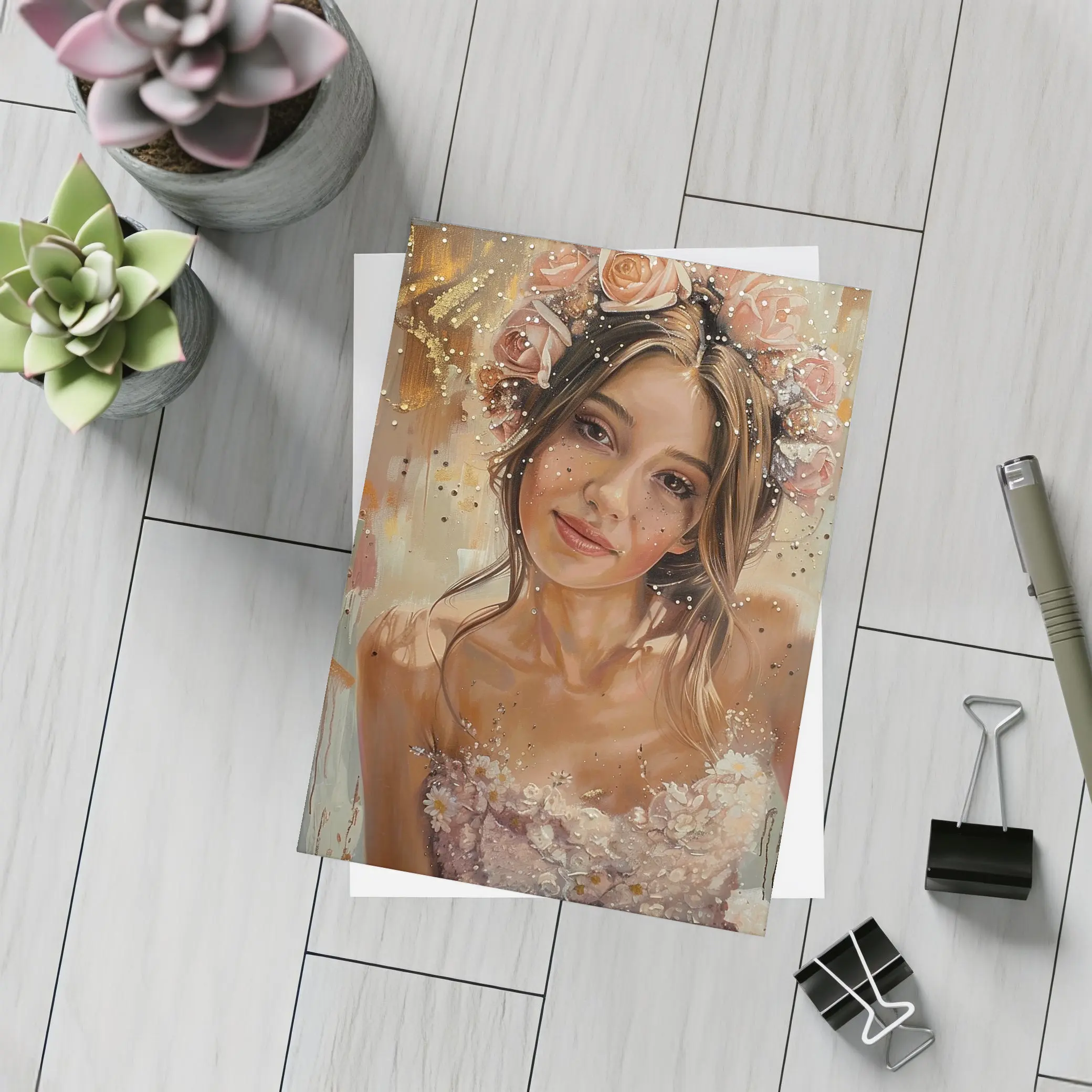 Young Woman Floral Crown Portrait Oil Painting – Postcards