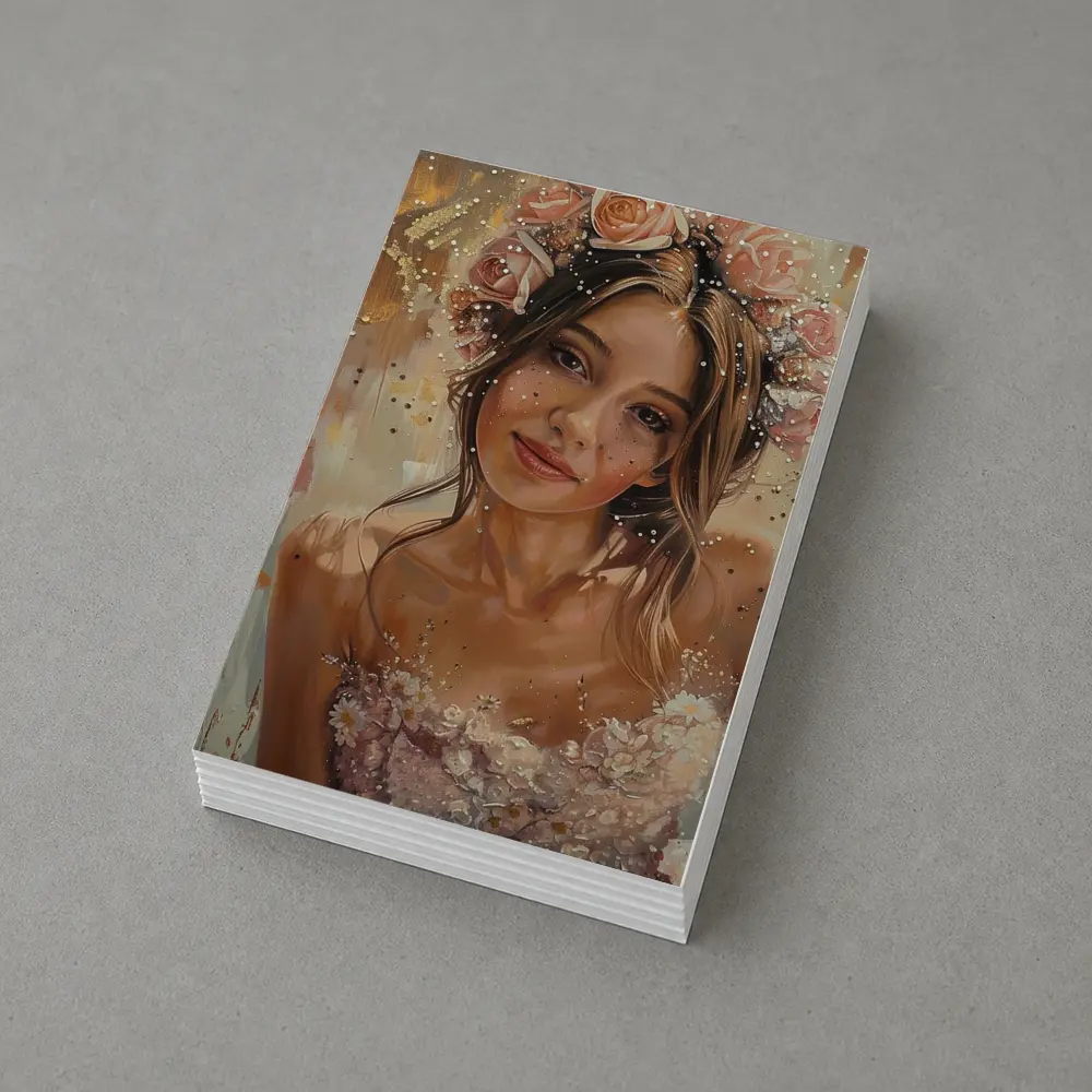 Young Woman Floral Crown Portrait Oil Painting – Postcards