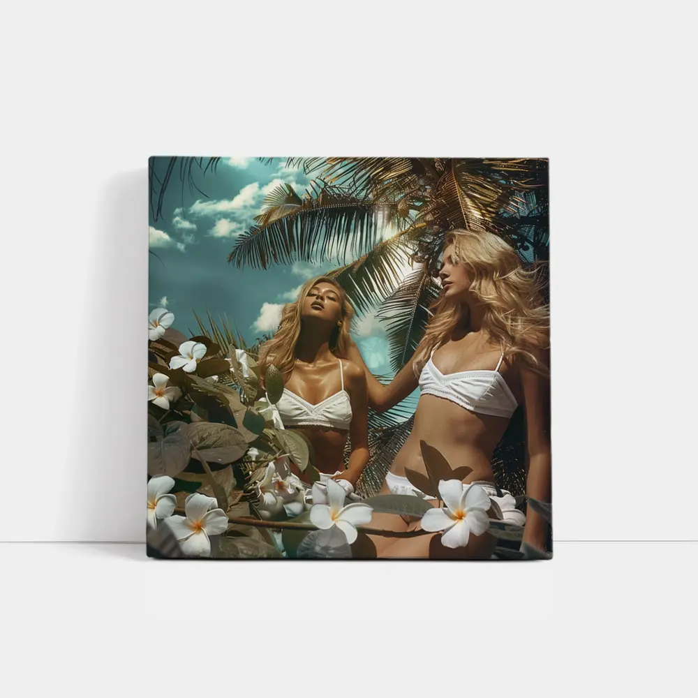 Two Women White Bikini Tropical Plumeria Flowers – Wall Art
