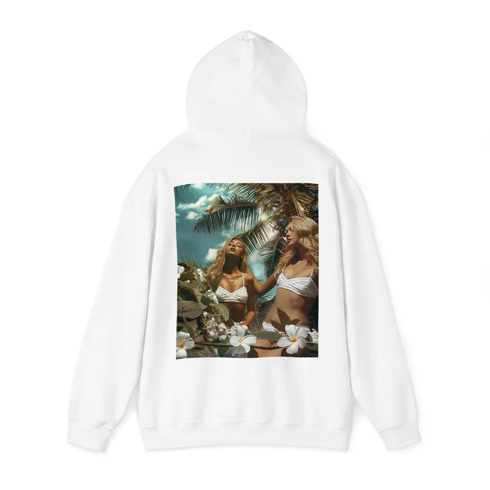 Two Women White Bikini Tropical Plumeria Flowers – Hoodies