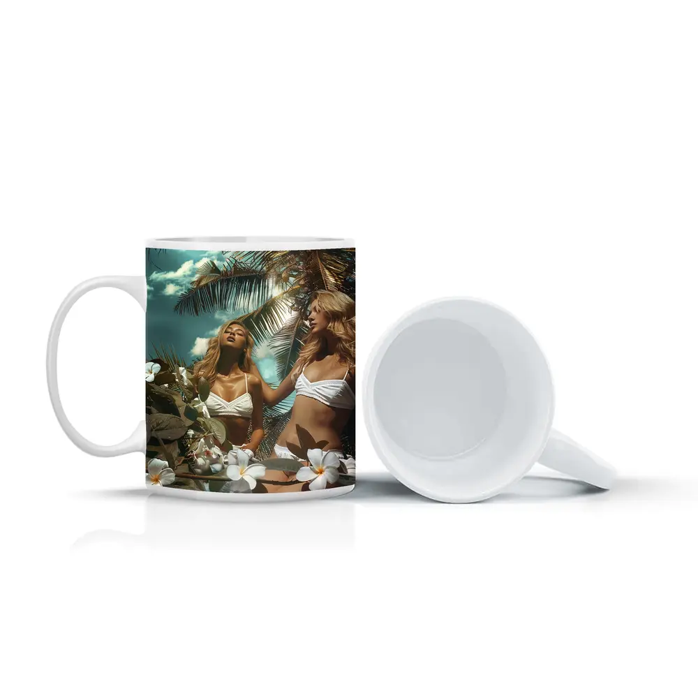 Two Women White Bikini Tropical Plumeria Flowers – Mugs
