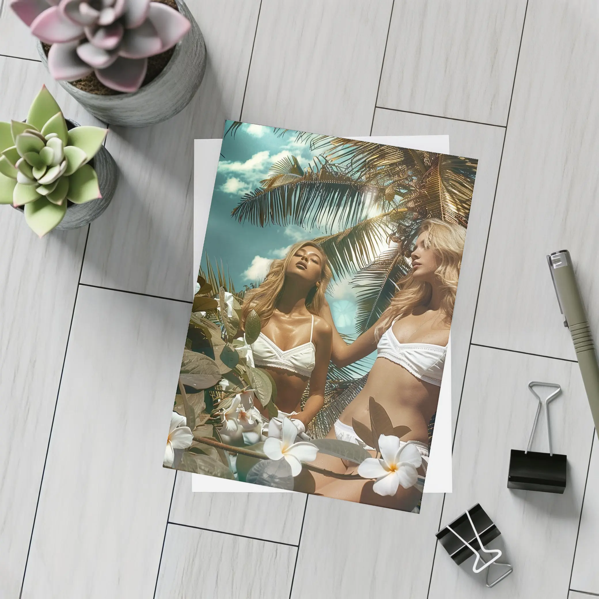 Two Women White Bikini Tropical Plumeria Flowers – Postcards