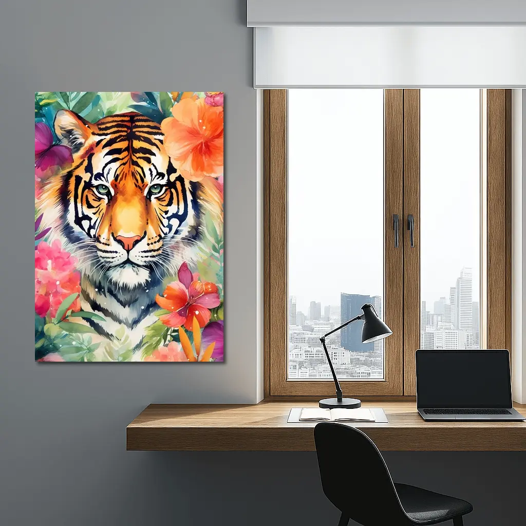 Tiger Portrait Watercolor Tropical Flowers Art – Wall Art