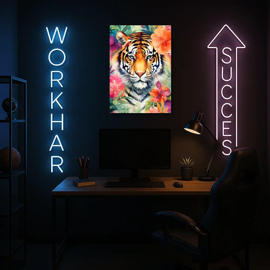 Tiger Portrait Watercolor Tropical Flowers Art – Wall Art